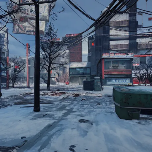 Image similar to Sapporo in the winter in ruins post-nuclear war in Fallout 4, in game screenshot