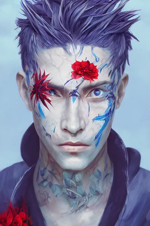 Image similar to portrait of beautiful young man, warhammer, japanic style, more and more cyberpunk, a lot of more scars, more and more flowers, blue head, some red water, the middle ages, highly detailed, artstation, illustration, artgerm sylvari portrait, 8 k quality, art by max ernst