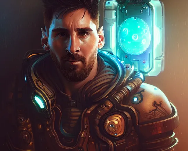 Image similar to messi with cyberpunk implants, deep focus, d & d, fantasy, intricate, elegant, highly detailed, digital painting, artstation, concept art, matte, sharp focus, illustration, hearthstone, art by artgerm and greg rutkowski and alphonse mucha