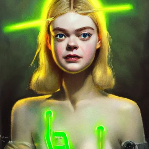 Prompt: ultra realistic portrait painting of elle fanning in fallout 3 surrounded by green glowing radiation, art by frank frazetta, 4 k, ultra realistic, highly detailed, epic lighting