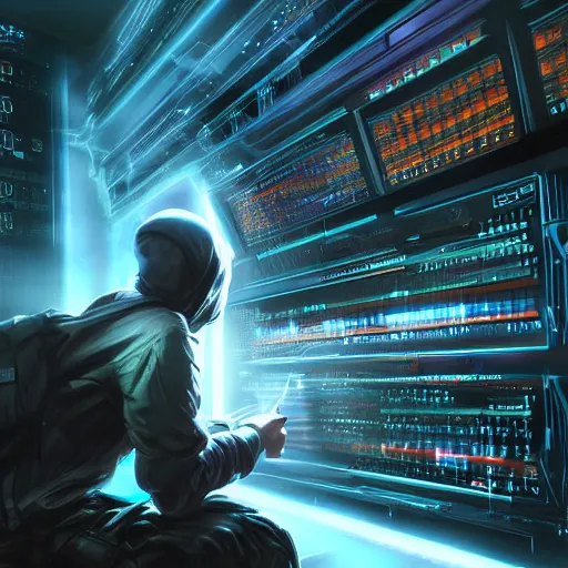 Prompt: hacker hacking into the mainframe, fantasy, hd, volumetric lighting, 4 k, intricate detail, by jesper ejsing, irakli nadar