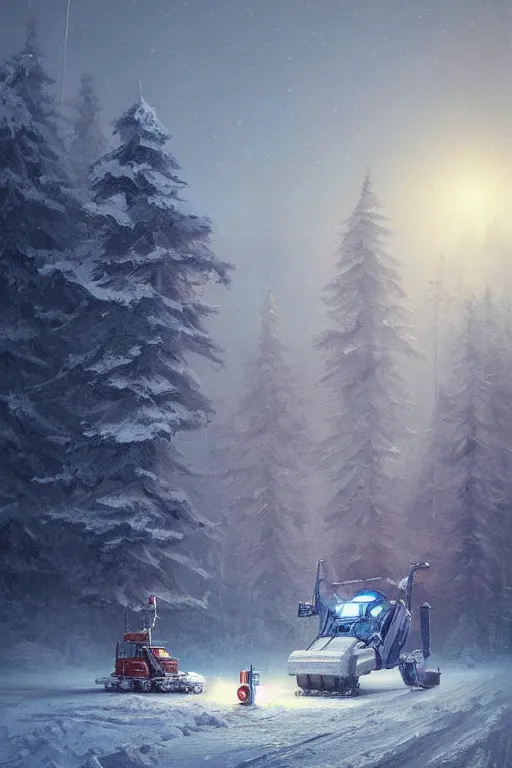 Image similar to mech being exhaisted from plowing snow from it's front yard, highly detailed, scifi, fantasy, highly detailed, digital painting, trending on artstation, concept art, sharp focus, illustration, global illumination, shaded, art by simon stalenhag