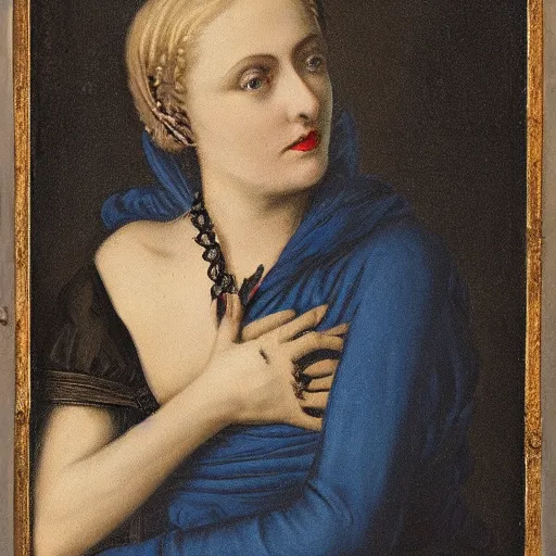 Prompt: dark portrait, blonde woman in medieval dress, strangled with hand, bluish face, closed eyes, victorian style, high detail