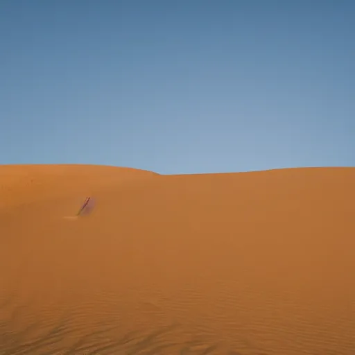 Prompt: a large sand dune with a large obelisk hovering in the middle of the sand dune. clear sky, grainy.