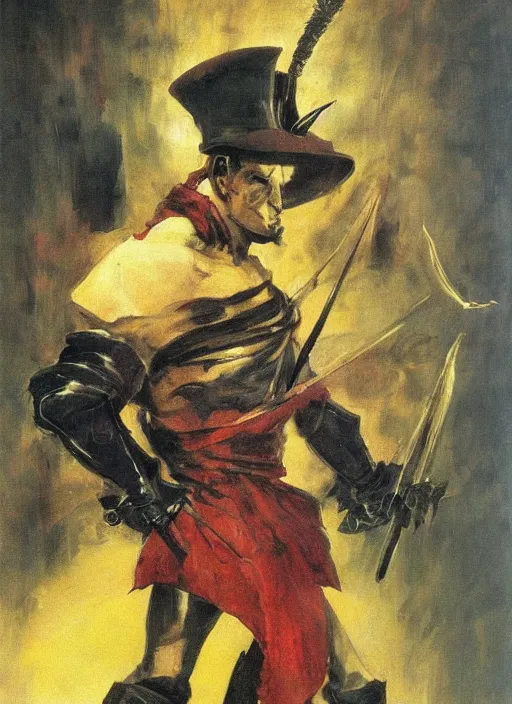 Prompt: portrait of noble duelist, coherent! by mariusz lewandowski, by frank frazetta, deep color, strong line, minimalism, high contrast