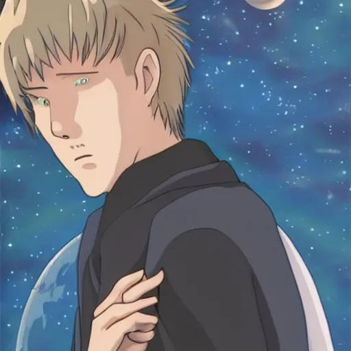 Image similar to Spirited away dark blonde hair guy with blue eyes in space, beautiful