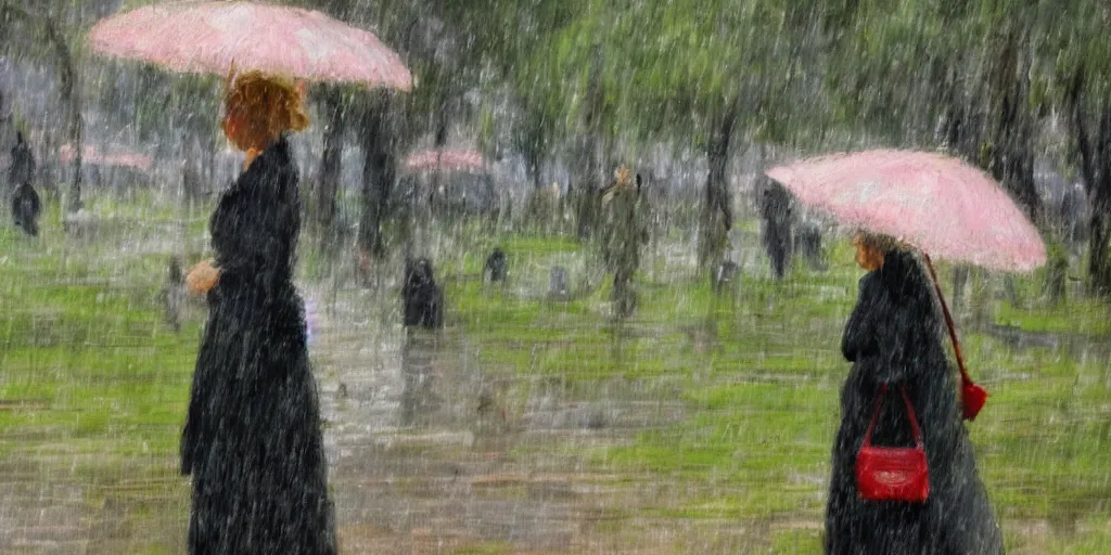 Image similar to parisian woman in the jardin du luxembourg, paris, raining, impressionist art style, 4K