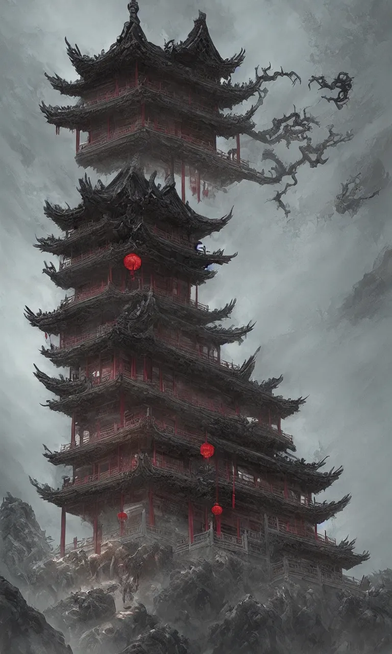 Image similar to chinese horror detailed art, house of the deceased, cinematic view, detailed, concept art, high detail, dark fantasy lighting, volumetric, trending on artstation, art greg rutkowski