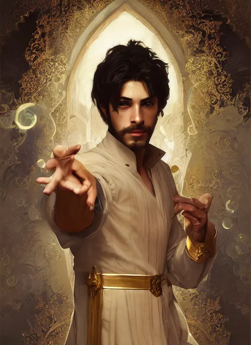 Image similar to character concept portrait of an attractive young princely Spanish wizard with golden skin enchanting a mutilating curse, a floating iridescent spell book in the center, intricate, elegant, digital painting, concept art, smooth, sharp focus, illustration, from Metal Gear, by Ruan Jia and Mandy Jurgens and William-Adolphe Bouguereau, Artgerm