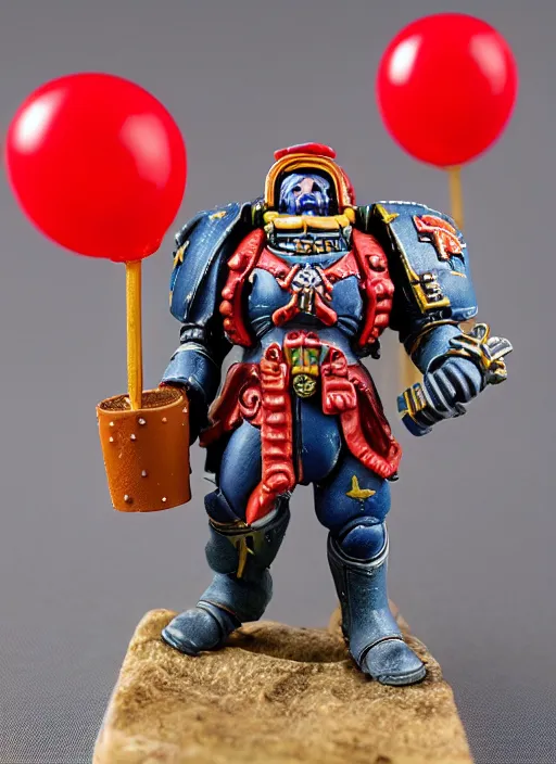 Prompt: 8 0 mm resin detailed miniature of a warhammer 4 0 k space marine holding a red balloon in one hand and a hamburger in the other, product introduction photos, 4 k, full body,