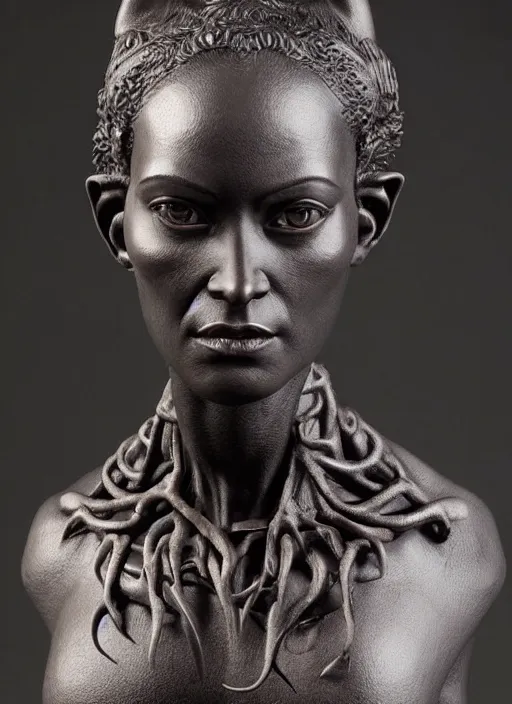 Prompt: a bust sculpture of anatomical detailed fantasy elvish character, very dark black skin, very beautiful, high forehead, high cheekbones, stylized, ceramic base, orthographic, studio lighting