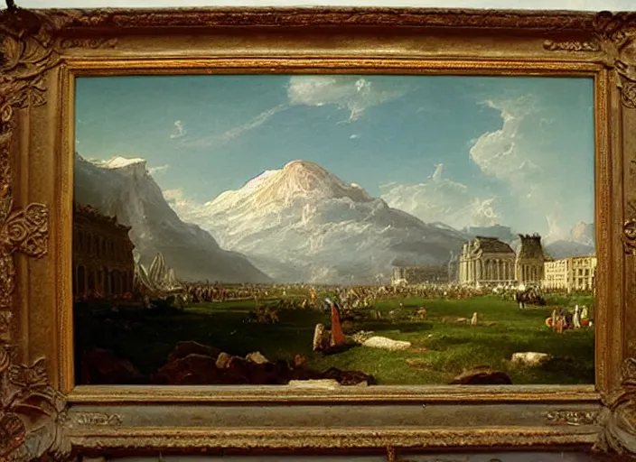 Image similar to painting of the louvre museum in front of beautiful mountains by thomas cole