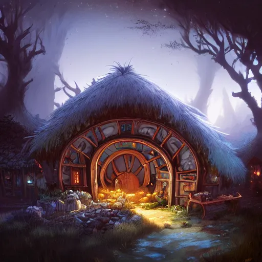 Image similar to night scene of a hobbit village, by peter mohrbacher and dan mumford and nekro, cgsociety, volumetric light, 3 d render