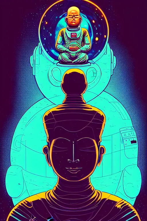 Prompt: protrait cyborg astronaut buddha meditating illustration, golden ratio, post grunge portrait, concept art by josan gonzalez, james jean, Mike Mignola, Laurie Greasley, highly detailed, sharp focus, alien, Artstation, deviantart, artgem