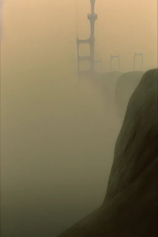 Image similar to a foggy morning in san francisco by arthur haas and bruce pennington and john schoenherr, cinematic matte painting, 8 k, dark color palate