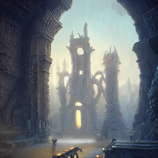 Image similar to carved futuristic door at the end of ancient ornate steps shows a large window to a city detailing the vast architectural scientific ancient and cultural acheivements of humankind, magical atmosphere, jorge jacinto, andreas rocha, damian kryzwonos, ede laszlo, christian reiske, trending on artsation, digital art, cinematic blue gold