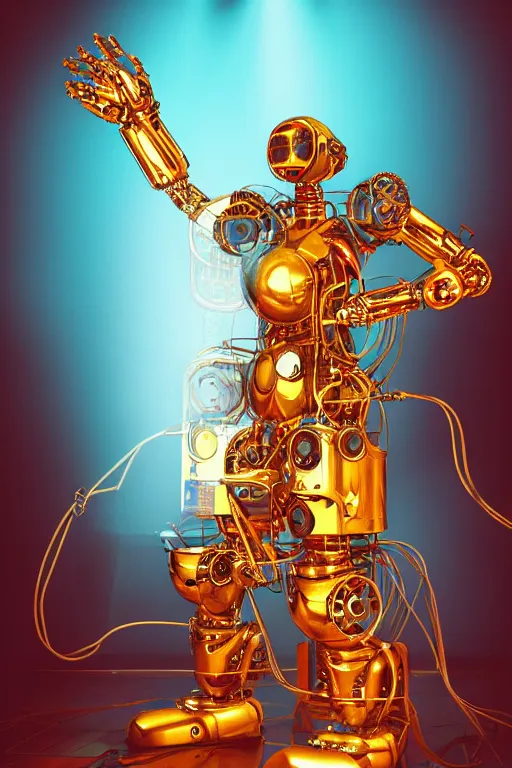 Image similar to portrait photo of a giant huge golden and blue metal humanoid steampunk robot female singer with a human face and gears and tubes, in the foreground is a big red glowing microphone, eyes are glowing red lightbulbs, shiny crisp finish, 3 d render, 8 k, insaneley detailed, fluorescent colors, background is multicolored lasershow