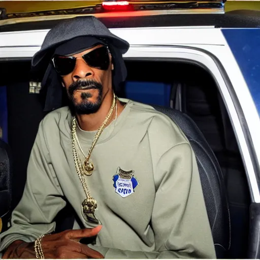 Image similar to Snoop Dogg is sitting in a police car wearing a cap C-11