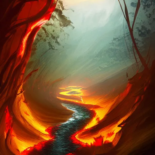 Prompt: A lava river flowing through the amazon jungle, anato finnstark, artstation, dramatic