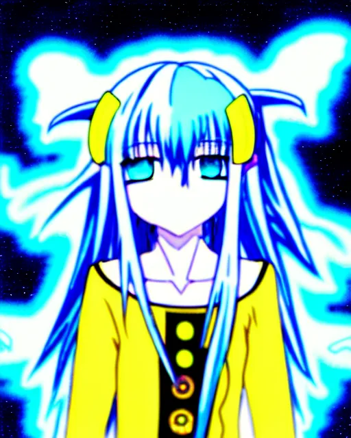 Image similar to a hologram of rimuru tempest, sky blue hair, golden yellow eyes, wearing black stylish clothing, holography, irridescent, baroque visual kei decora art