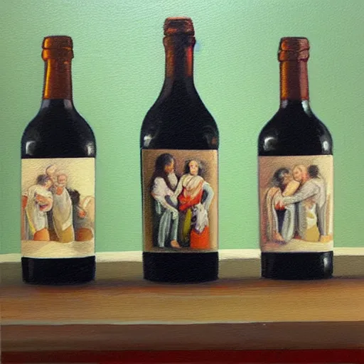 Image similar to a room with four bottles on the floor and a painting of three bottles hanging on the wall, trending on artstation, intricately ordinated oil painting