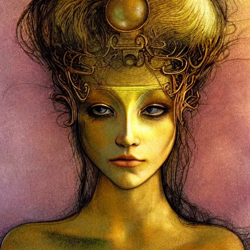 Prompt: brass woman, golden hour, illustration by Brian Froud and John Bauer, coloured lineart, striking eyes, green eyes