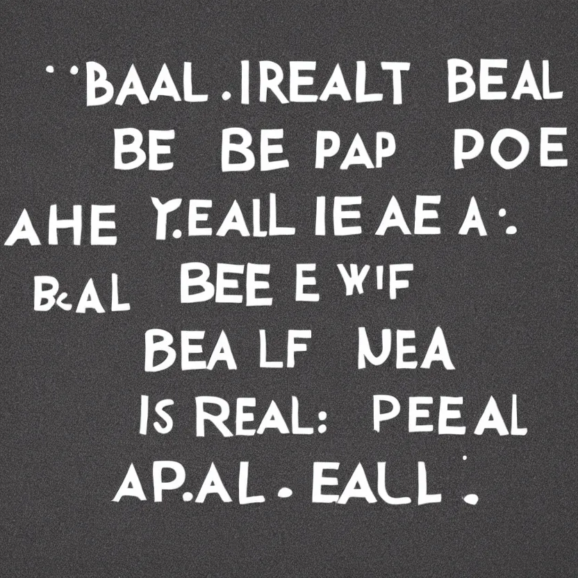 Prompt: bereal, be real, app, real. be yourself. motivational. [ the words be real ]. text. poem. cool