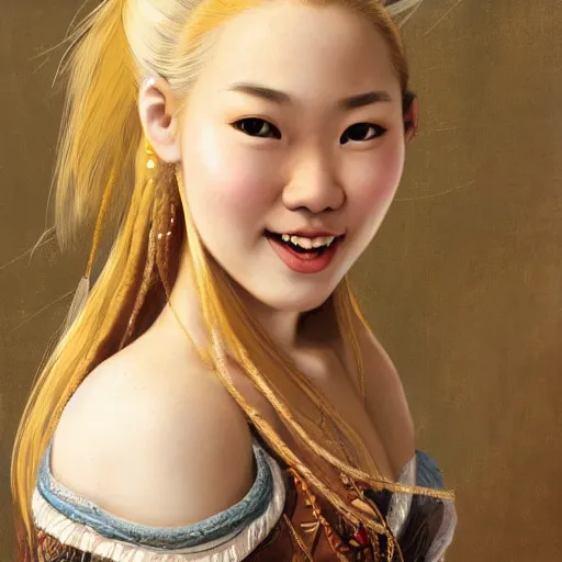 Image similar to a totally amazed smiling pretty asian girl with blonde hair, fully covering intricate detailed bohemian outfit, long loose blonde hair, precise linework, accurate brown eyes, small nose, beautiful smooth oval head, expressive emotions, hyper realistic ultrafine portrait by artemisia gentileschi, jessica rossier, greg rutkowski, artgerm