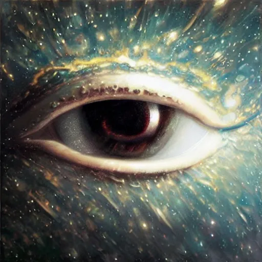 Image similar to low angle shot of a eye leaking black oil with the galaxy in the iris by clive barker, intricate, elegant, highly detailed, centered, digital painting, artstation, concept art, smooth, sharp focus, illustration, artgerm, Tomasz Alen Kopera, Peter Mohrbacher donato giancola, Joseph Christian Leyendecker, WLOP, Boris Vallejo.