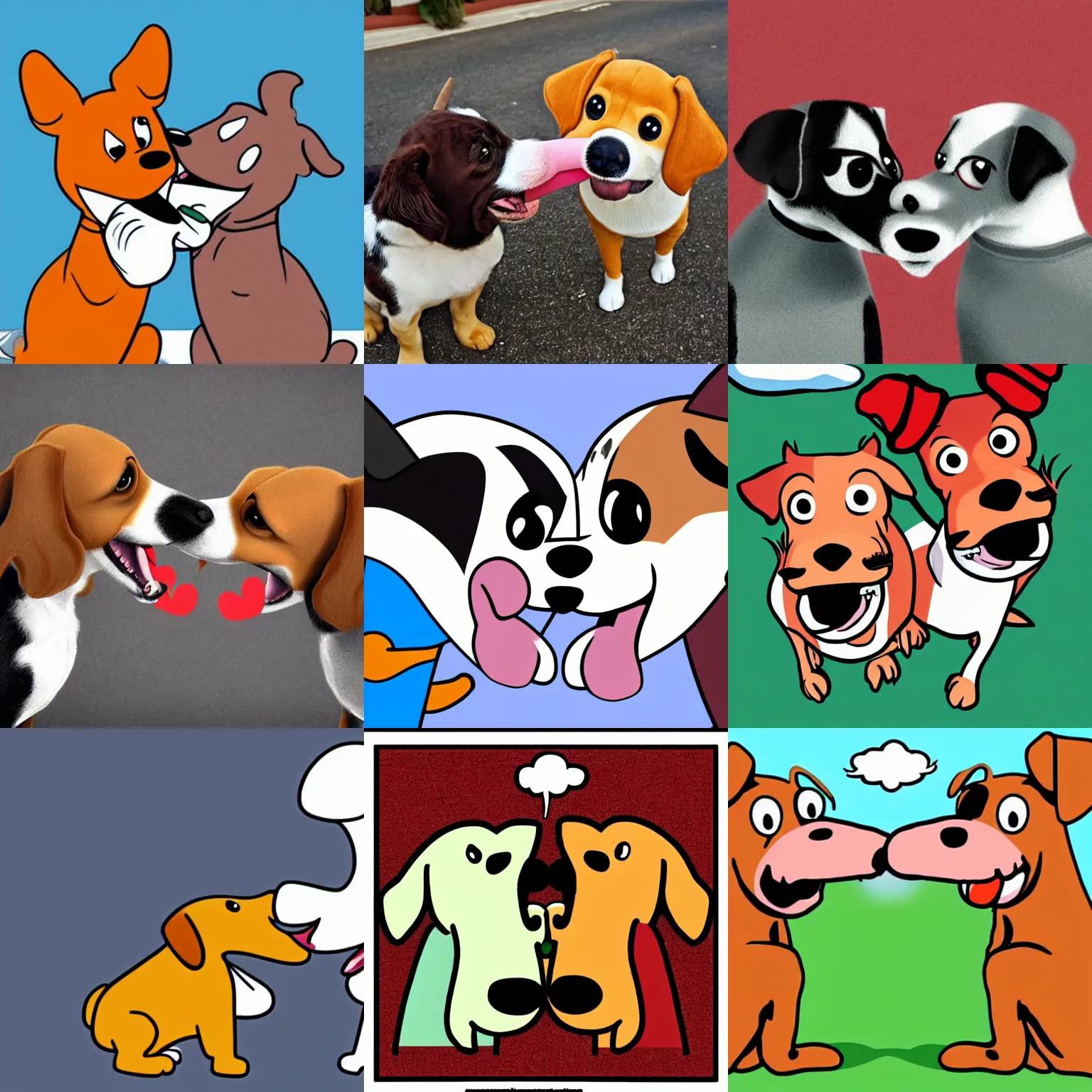 Prompt: two cartoon dogs eating eachother's nose