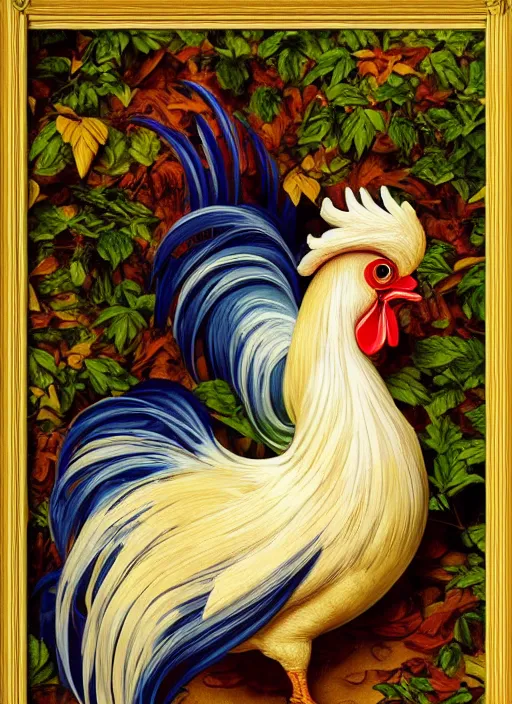 Image similar to masterpiece beautiful seductive flowing curves rooster portrait amongst leaves, extreme close up shot, thick set features, yellow ochre ornate medieval dress, laying amongst foliage mushroom forest circle arch, frederic leighton and kilian eng and rosetti, 4 k