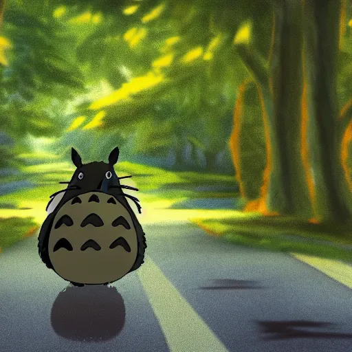 Image similar to photo of my neighbor Totoro walking down the street, realistic, high detail, beautiful lighting, 8k,