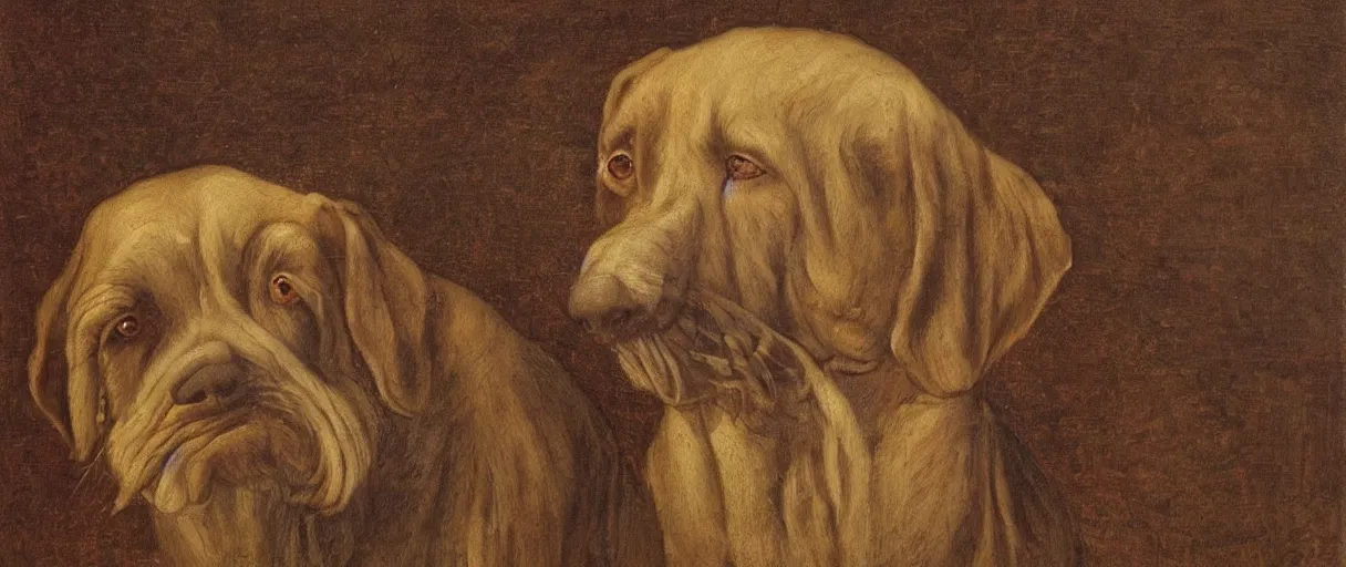 Prompt: studio portrait of a wizened old dog; extremely detailed; oil painting by Leonadro da Vinci