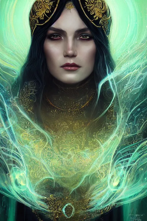 Prompt: a close - up profile portrait of a beautiful sorceress wearing a black robe with gold embroidery, casting a spell, green glows, painted by artgerm and tom bagshaw, highly detailed digital art