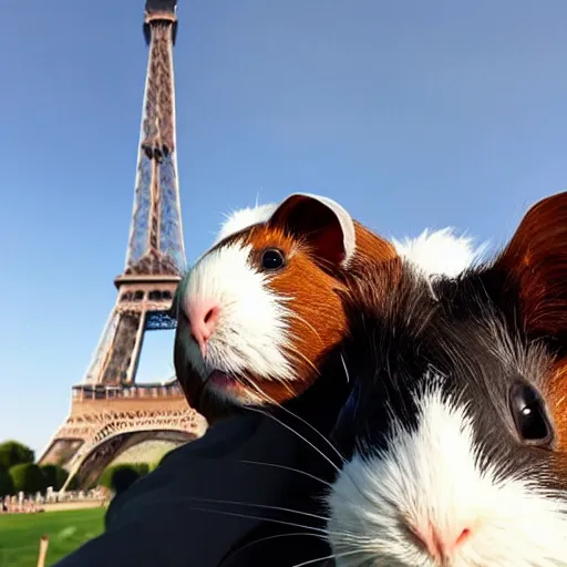 Image similar to a guinea pig taking a selfie in front of the eiffel tower, photorealistic