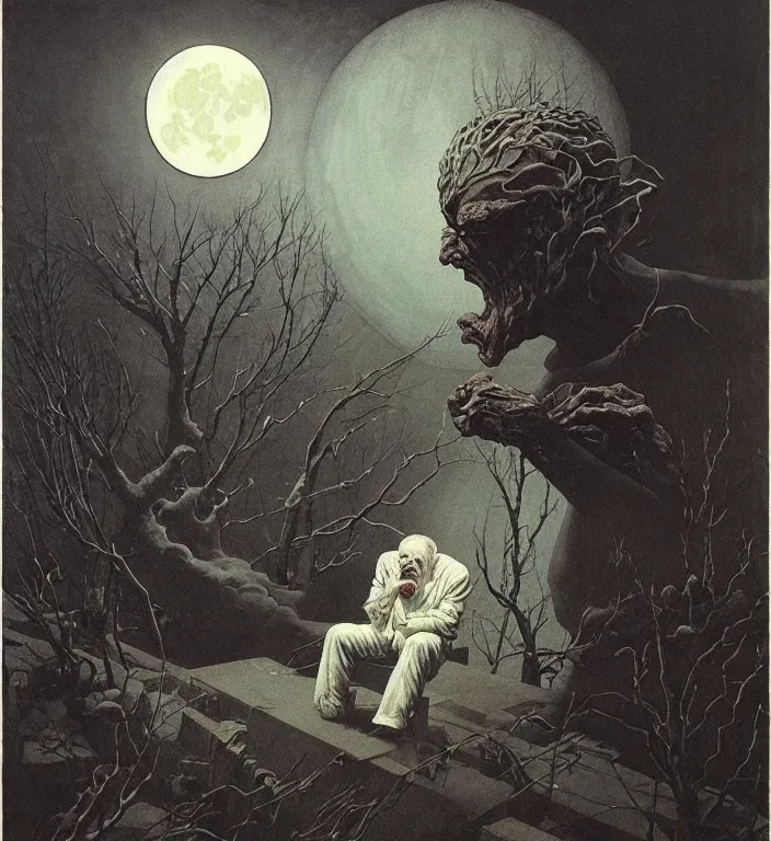 Prompt: old white - headed man under the huge moon on a street of ruined city by beksinski and takato yamamoto and austin osman spare and edward hopper and mark ryden and tsutomu nihei, very coherent, baroque elements