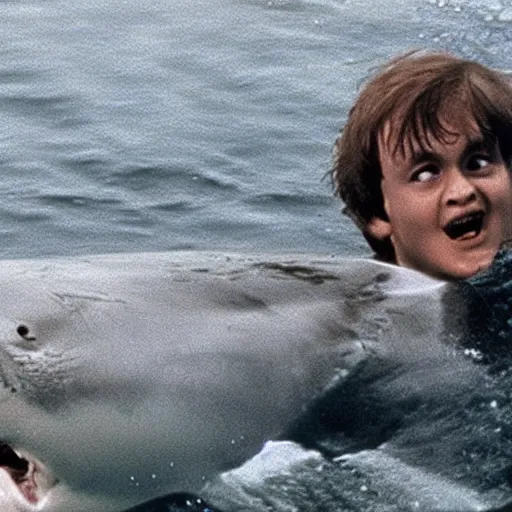 Image similar to Film still of Harry Potter swimming from a shark, from Jaws (1975)