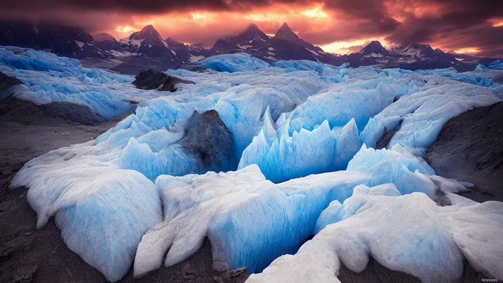 Image similar to amazing landscape photo of a glacier by marc adamus, beautiful dramatic lighting