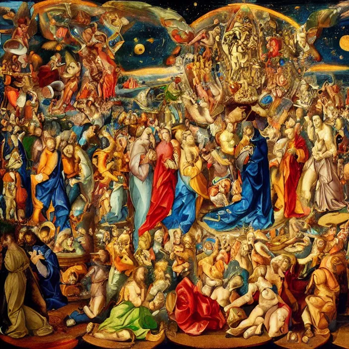 Prompt: the cosmic event at which the unity and the trinity ruptured, creating the false christian god, 16th century painting, prismatic colors