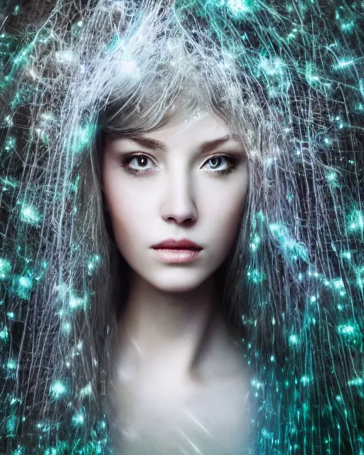 Image similar to luminescent long exposure light painting by victoria frances of a beauteous practical sumptuous full frame photo realistic face, lifelike incredible hair, crystalline masterpiece incrustations, hyperdetailed face, elegant pose, movie still, intricate, octane render, cinematic forest lighting,