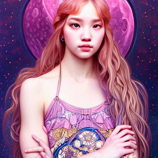 Image similar to portrait of jossi of blackpink, goddess of the moon, highly detailed, digital painting, smooth, sharp focus, illustration, ultra realistic, 8 k, art by artgerm and alphonse mucha