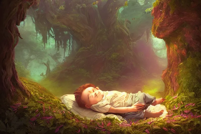 Prompt: a beautiful illustration of a little cute boy in his bed dreaming about a beautiful green forest, fantasy, intricate, epic lighting, cinematic composition, hyper realistic, 8 k resolution, by artgerm, tooth wu, dan mumford, beeple, wlop, rossdraws, james jean, marc simonetti, artstation