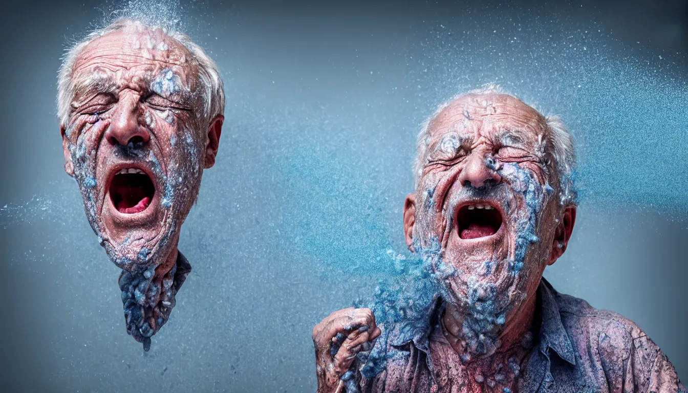 Prompt: o hyper realistic photo of a weathered old man, feedback loop, burst of powders, spraying liquid, volumetric lighting, twisting vapour, bellowing dust, emerging hands and beautiful woman's screaming face, full colour, upscale, 4 k