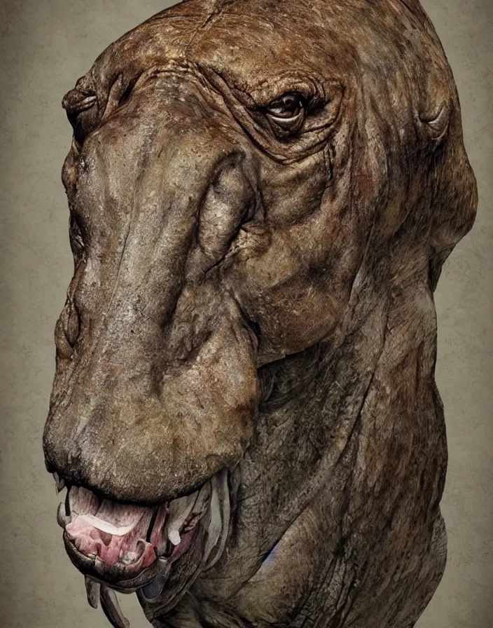 Image similar to portrait of muscular animal human merged head dolphin skin, scales, merged with monkey head, hippo face morphed, gills, horse head animal merge, morphing dog head, merging crocodile head, anthropomorphic, creature, solid background