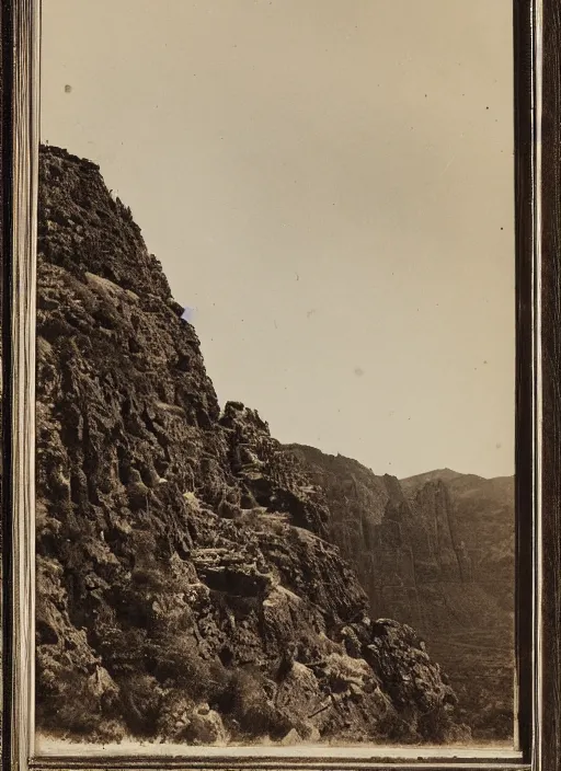 Image similar to Overlook of a gorge with steep rocky slopes covered with sparse desert trees , albumen silver print by Timothy H. O'Sullivan.