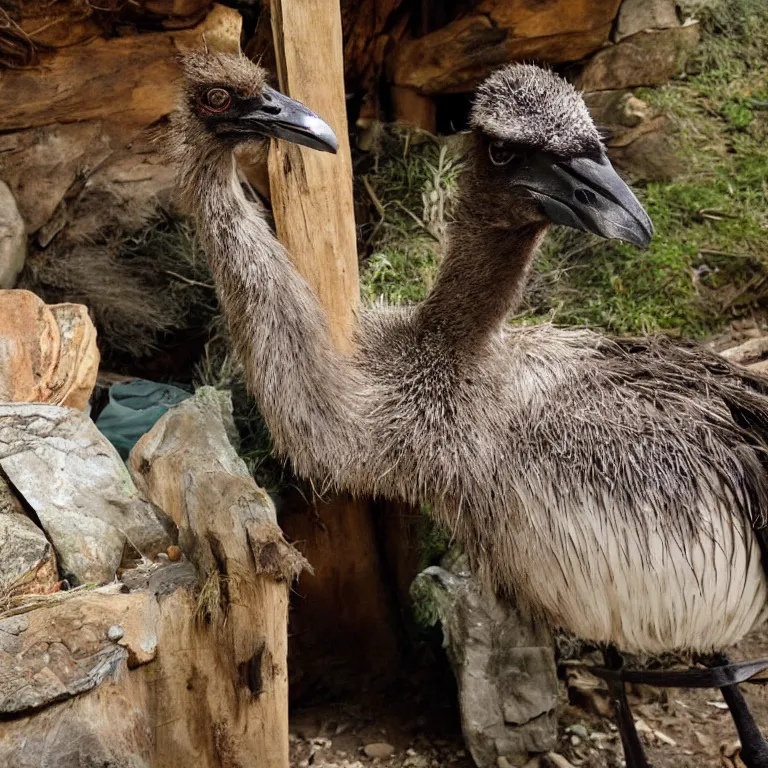 Prompt: an emu in the middle of a crowded hobbit tavern