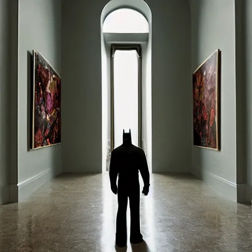 Image similar to Batman standing in giant Italian modern castle living room, clean minimalist design, that is 1300 feet tall, with very tall giant walls filled with modern art paintings, doors that are cosmic portals, photo by Annie Leibovitz