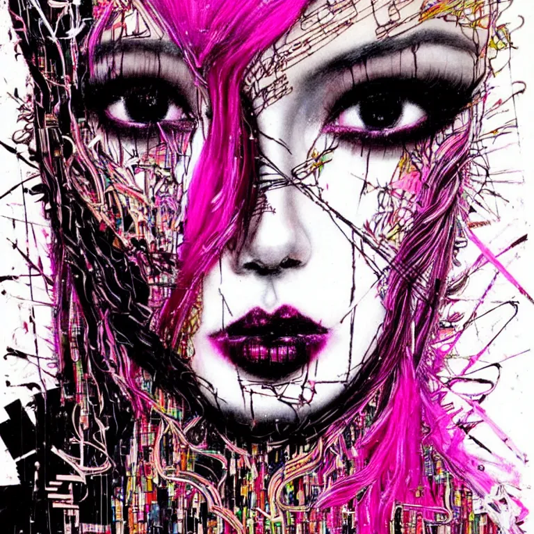 Image similar to a beautiful face gothic girl, pink hair in a stunning black dress playing a piano by el anatsui and carne griffiths