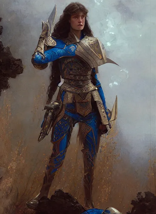 Image similar to mackenzie davis blue eyed, femenine woman, wearing armour, detailed by gaston bussiere, bayard wu, greg rutkowski, maxim verehin, greg rutkowski, masterpiece, sharp focus, cinematic lightning