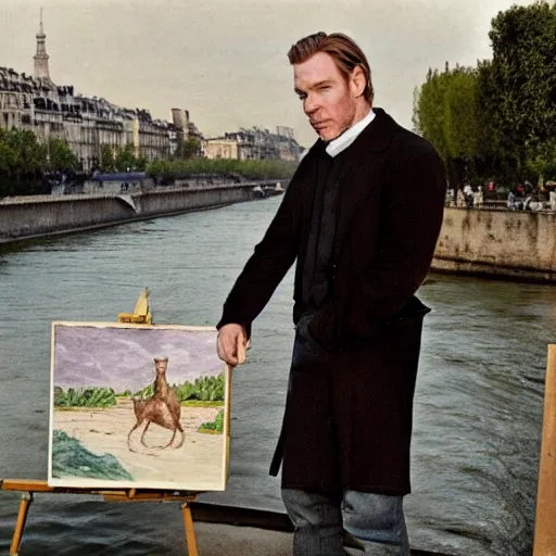 Prompt: Ewan mcgregor is painting a canvas at the river of Seine in Paris early 20th century. Next to him is a brown cat with yellow eyes